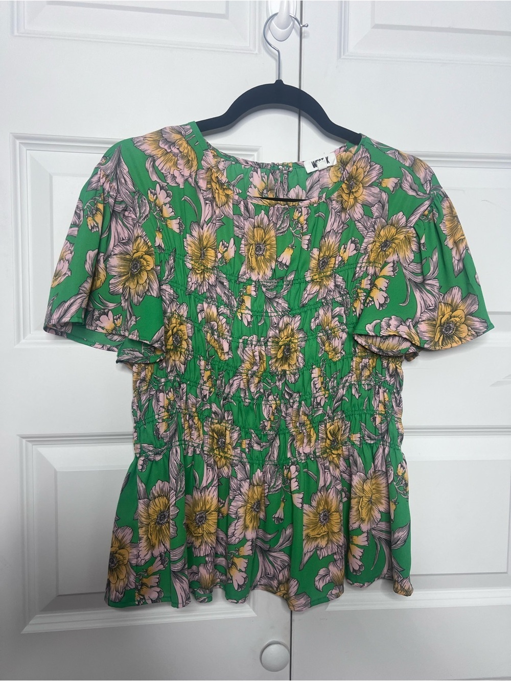 West K Floral Smocked Peplum Blouse Top Green Pink Yellow Size M Cottagecore